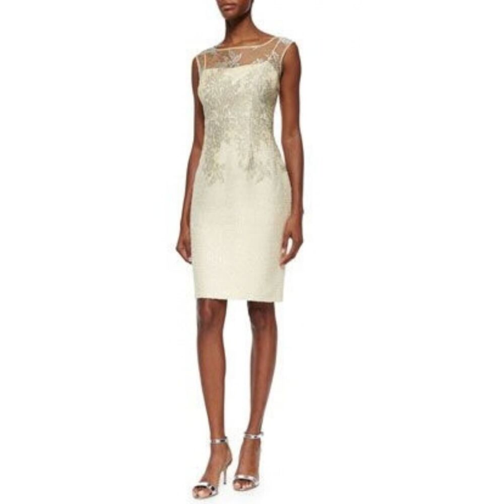 Kay Unger Embroidered Tulle Tweed Sheath Dress Yellow Metallic Floral Sz 8